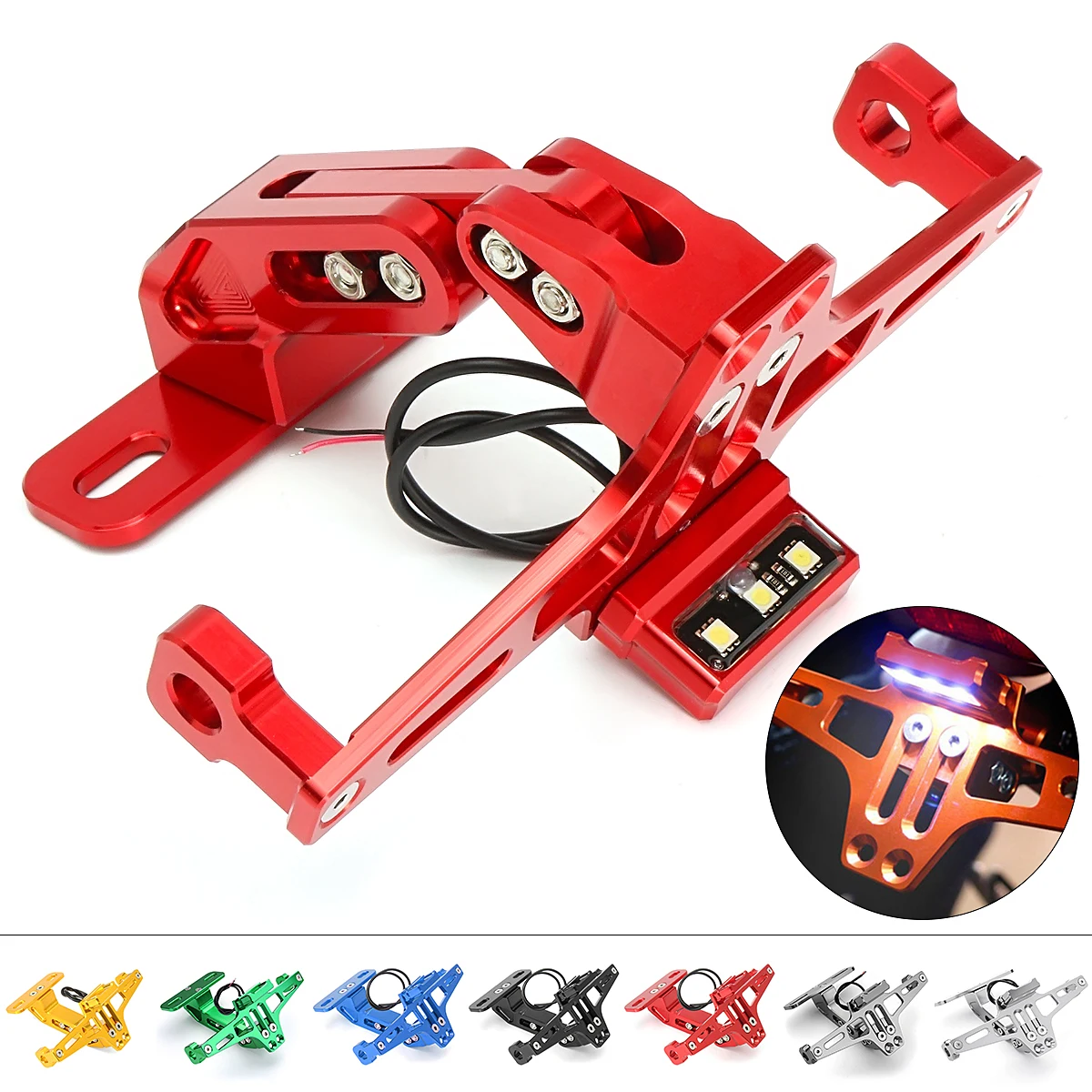 

Motorcycle License Plate Frame Adjustable CNC License Number Plate Holder Bracket + LED Light