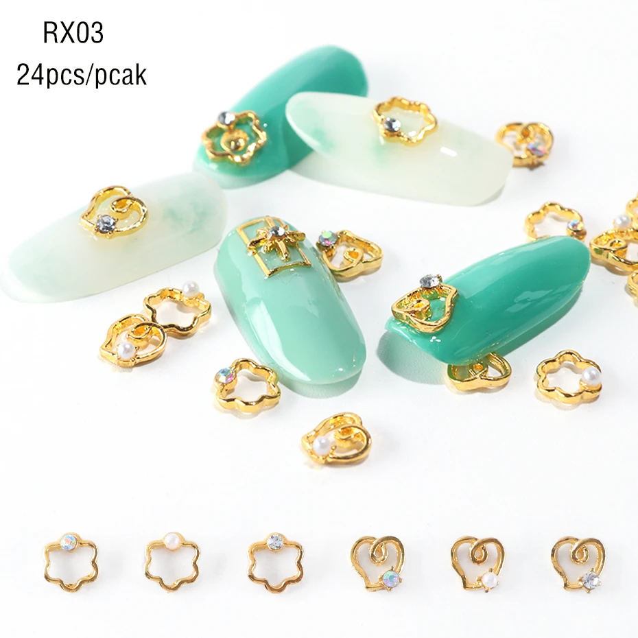 24pc Gold 3D Nail Art Decorations Charm Alloy Metal Set Mixed Star Moon AB Rhinestones Jewelry Frame Rivet DIY Accessories LA971 (13)