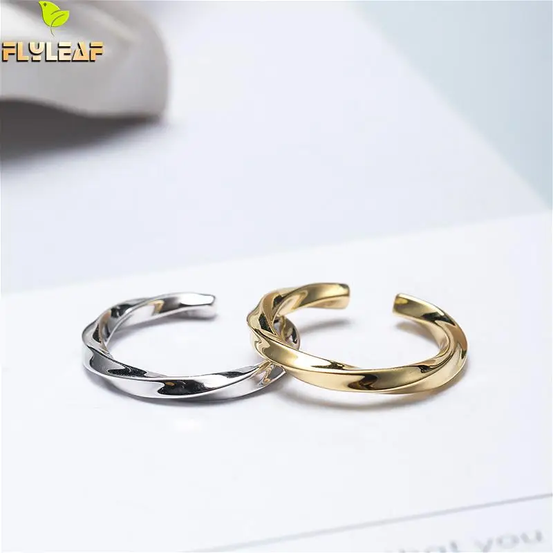 

Flyleaf Gold Glossy Twisted Open Ring High Quality 100% 925 Sterling Silver Rings For Women Fashion Simple Fine Jewelry Designer