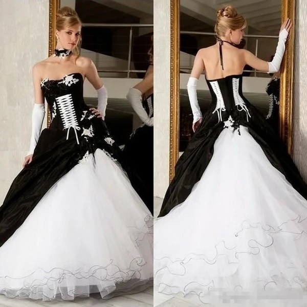 Vintage Black And White Wedding Dresses Ball Gowns Hot Sale Lace-Up Corset  Victorian Gothic Plus Size Piping Bridal Gowns