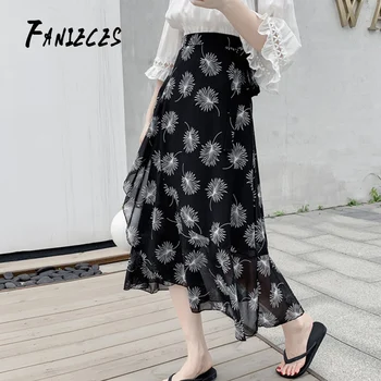 

FANIECES Ruffle print wrap skirt women Sash tie up beach summer skirt asymmetric 2019 High waist streetwear long skirt femme