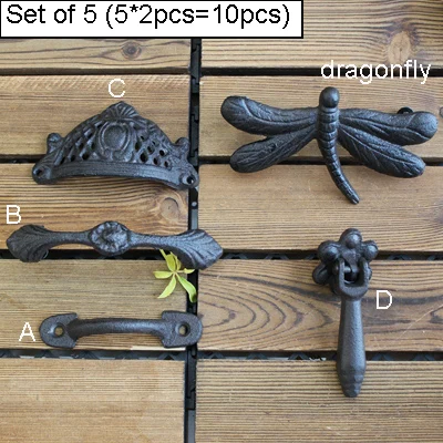Европейский Винтажный Античный Черный домашний декор чугунный Шкаф Тянет стрекоза дизайн дверные ручки пары(пара 2 шт - Цвет: Set of 5