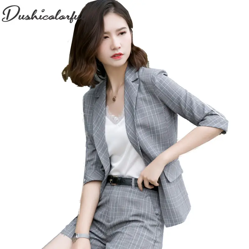

Dushicolorful Spring summer Women suits two piece set plaid blazer shorts plus size formal busines ladies Office pants Suit Set