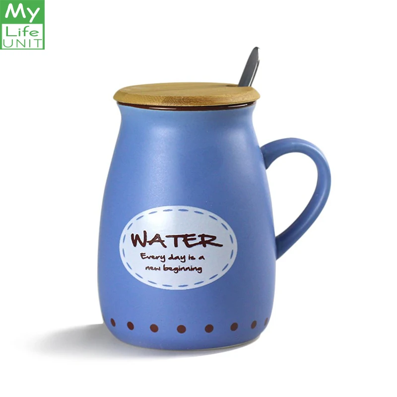 

MyLifeUNIT 4 Color Creative letter Ceramic Cup Matt Milk Cup with Lid and Spoon Simple Coffee Cup zakka Mug