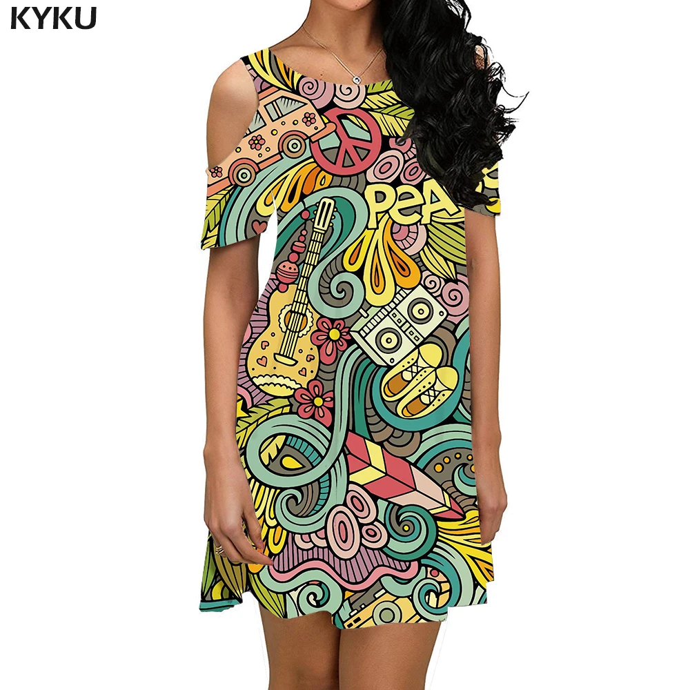 

KYKU Music Dress Women Colorful Office Flower Off Shoulder Cartoon Boho Harajuku Tank Womens Clothing Casual Tassel