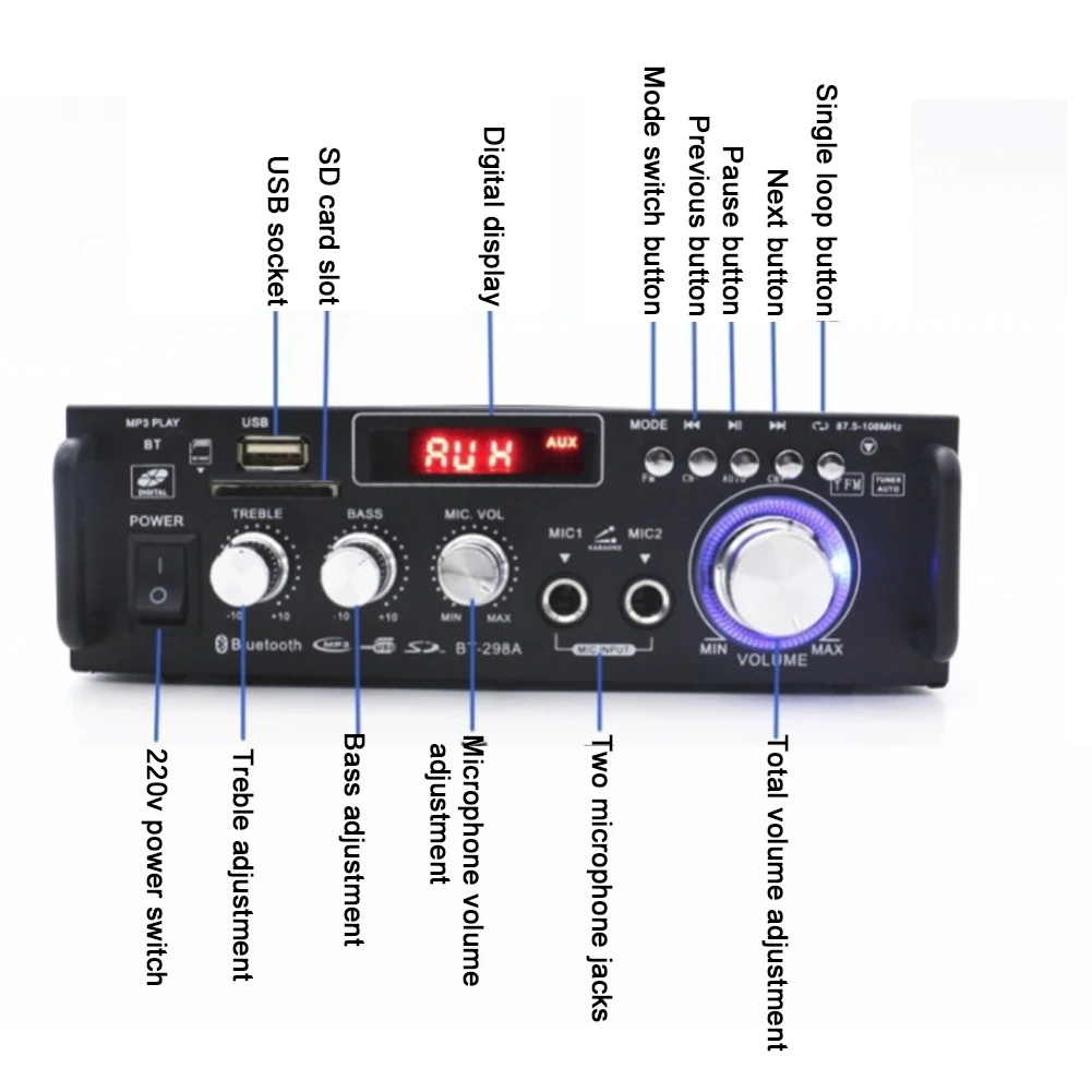 BT-298A 12V 220V Car HIFI Amplifier Audio Stereo Power Amplifier Bluetooth FM Radio 2CH Home Audio Video Home Theatre System BT-298A 12V 220V Car HIFI Amplifier Audio Stereo Power Amplifier Bluetooth FM Radio 2CH Home Audio Video Home Theatre System