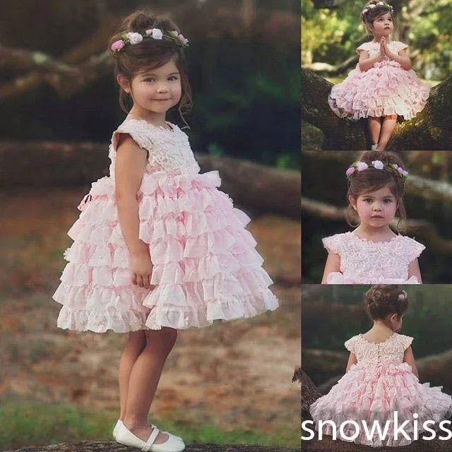 Милые розовые кружевные платья с цветочной аппликацией для девочек милые бальные платья до колена с коротким рукавом и плиссировкой для маленьких детей