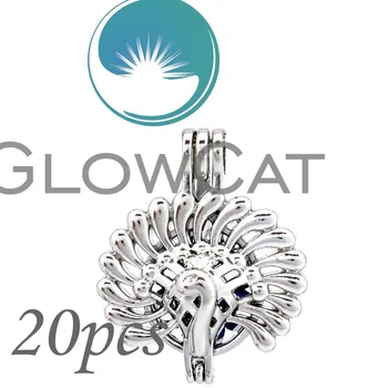 

GLOWCAT 20x KK668 Silver Peacock Folding fan Beads Cage Essential Oil Diffuser Aroma Pearl Cage Locket Pendant Jewelry Making