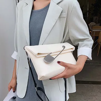 

Big Pin Design PU Leather Women Messenger Bags Designer Crossbody Bags Satchels Solid Hasp Daily Shoulder Messenger Bags