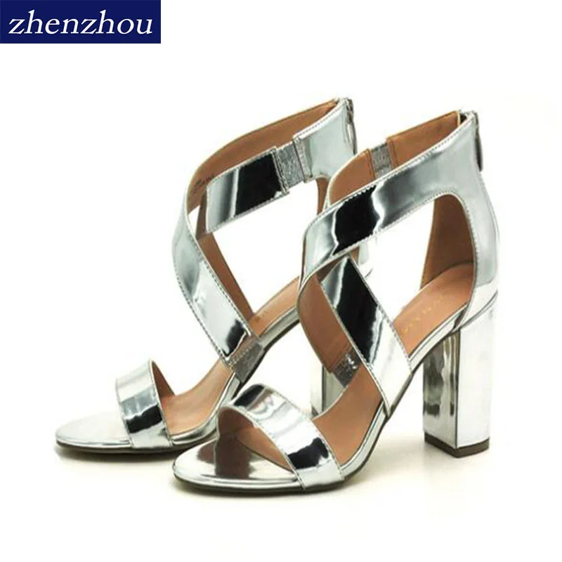 

Euro&USA style solid zipper cover heel sandals shoes fashion bright PU upper women shoes thick wedge heel fashion women shoes