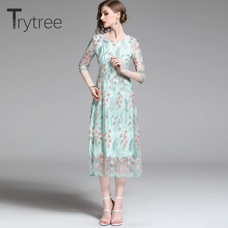 Trytree летнее платье с цветочной вышивкой, зеленое Повседневное платье с О-образным вырезом, полиэстер, с оборками, женские платья до середины икры, ТРАПЕЦИЕВИДНОЕ уличное платье