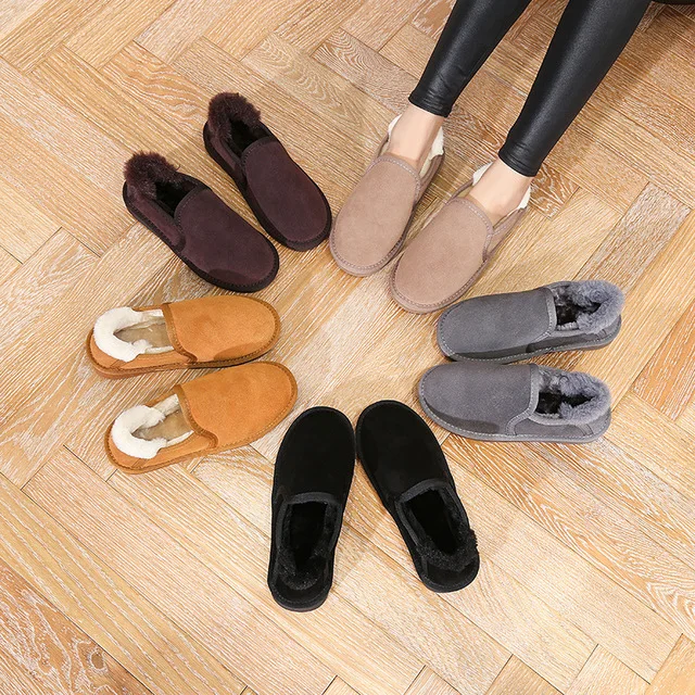 

Dropshipping Women Warm Winter Snow Boots Real Sheep Fur Leather Sheepskin Women Casual Fashion Thread Sewing Ankle Flat Boots