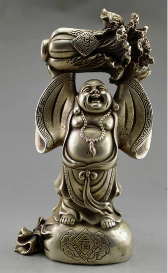 

Metal Crafts Collectible Decorated Old Tibet Silver Carved Buddha Held Cabbage Bless Statue fastshipping