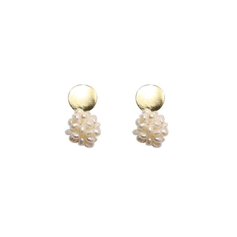 

S925 silver needle earrings nyu with simple simple wild irregular round natural pearl earrings hand-wound metal disc earrings
