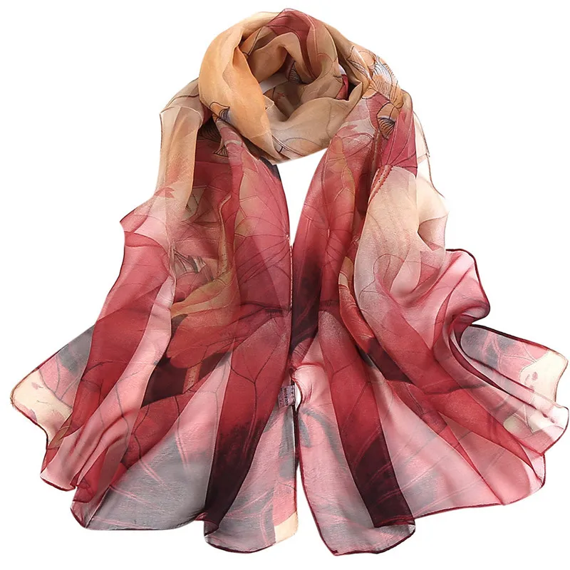 Осенние женские шифоновые шарфы с цветочным принтом в виде лотоса, Длинный мягкий шарф, шарф, Женская шаль, вуаль @ 50