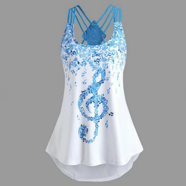 CALOFE New Women Running T-shirts Cross Back Musical Note O Neck T-Shirt Sleeveless Shirts Fitness Yoga Sleeveless Tank Tops