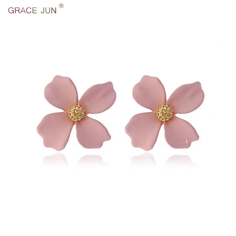 

GRACE JUN Yellow and Pink Color Flower Shape Clip on Earrings for Women Fashion 4 Leaf Clover Spray Paint Pierced Earrings New