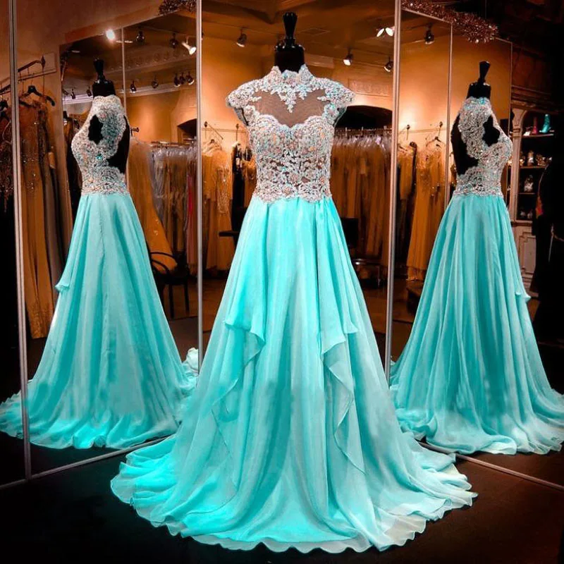 Vintage Sky Blue 2017 Long Prom Dresses Sexy Backless High Neck Crystal