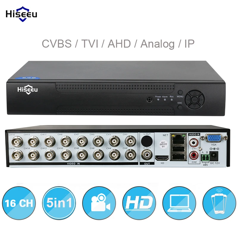 16CH 5в1 AHD DVR Поддержка CVBS TVI аналоговая AHD ip-камера HD P2P Облако H.264 VGA HDMI видеорегистратор RS485 аудио Hiseeu