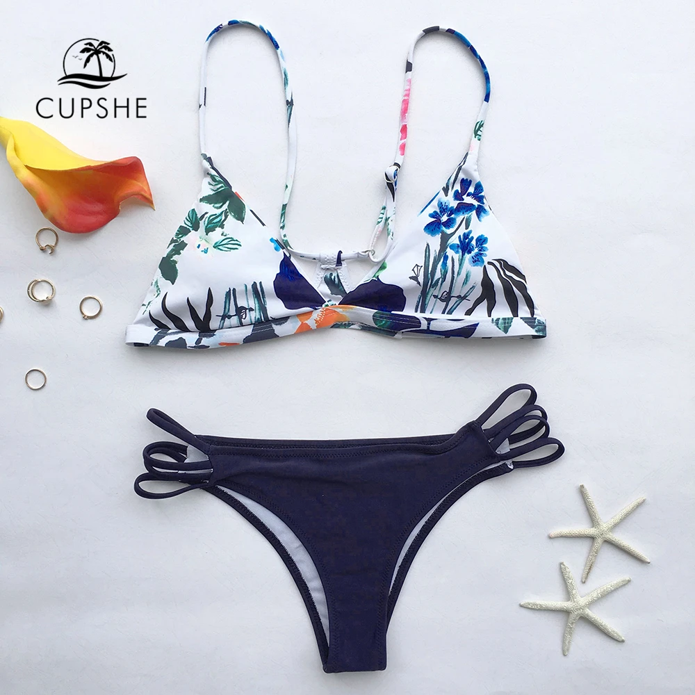 Женский купальник бикини CUPSHE с цветочным принтом и лямкой на шее из двух