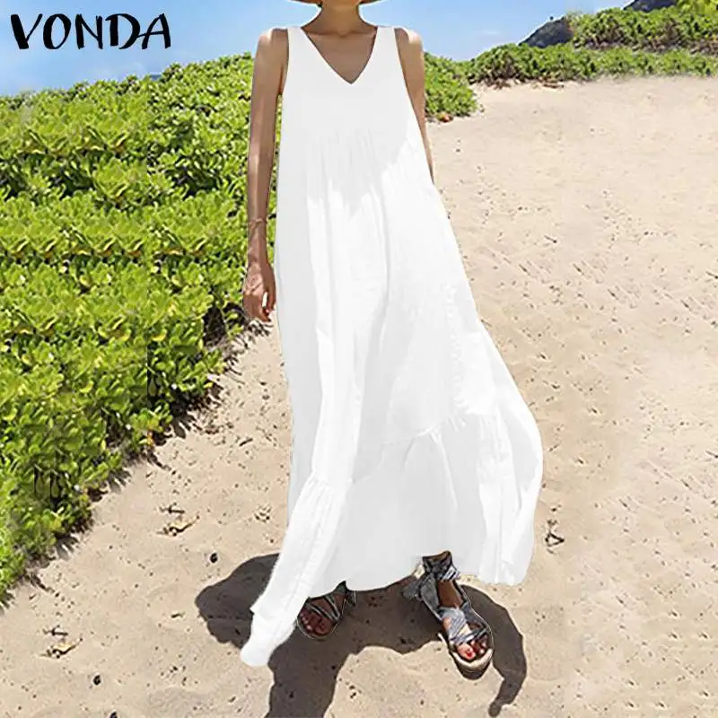 

White Cotton Long Dresses Women 2019 Summer VONDA Sexy Sleeveless V-Neck Solid Dress Vintage Plus Size Beach Party Sundress 5XL