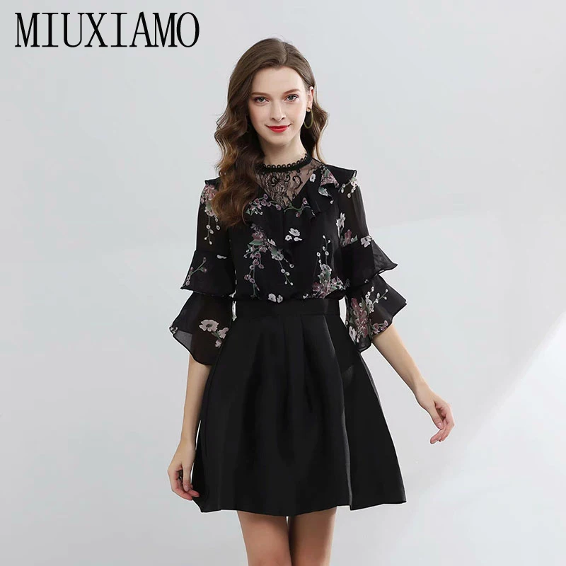 

MIUXIMAO TOP QUALITY 2019 Fall Fashion Full Runway Casual Dress Pleated fold Floral Vintage Black Elegant Dress Women vestidos