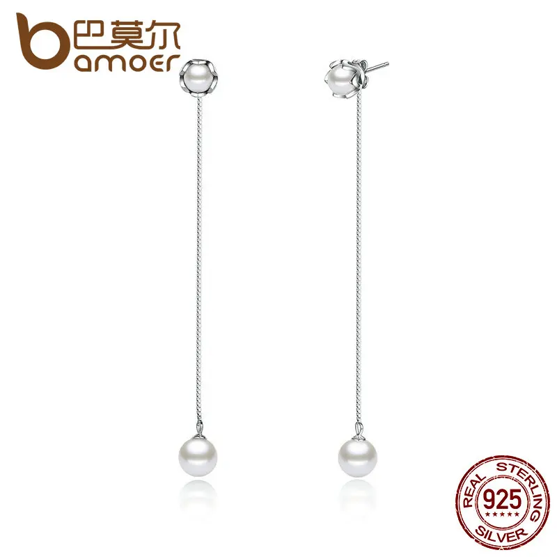 

BAMOER Classic 100% 925 Sterling Silver Earring With Pearls Push-back Long Drop Earrings for Women Pearl Jewelry SCE008