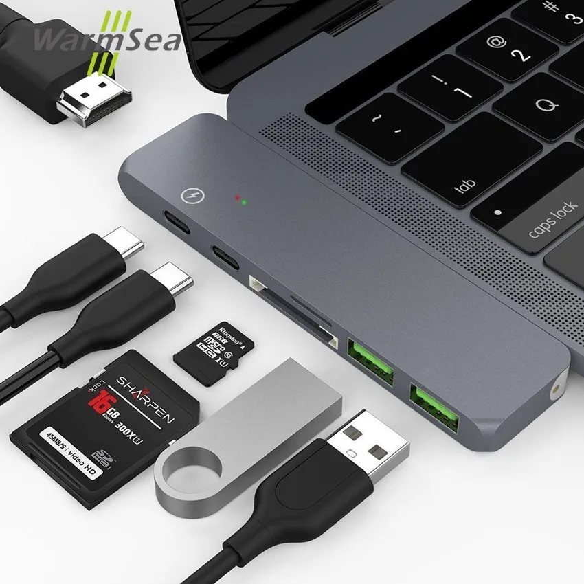 

USB Type C Hub Adapter Thunderbolt 3 7in1 Dual Type-C Docking Station with 4K HDMI USB 3.0 TF SD Slot PD for MacBook Pro 2016