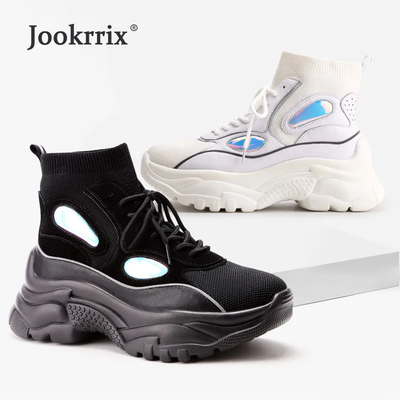 

Jookrrix Casual White Sock Shoes Women Fashion Brand Platform Sneaker High Top Lady chaussure Laser Female footware Black Soft