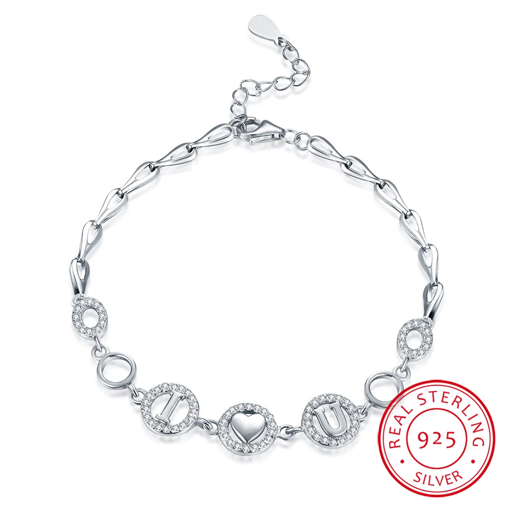 

Genuine 925 Sterling Silver Good Luck Letter I Love You Bracelet Chain Link Charm Survival Bracelet Bangles for Women Jewelry