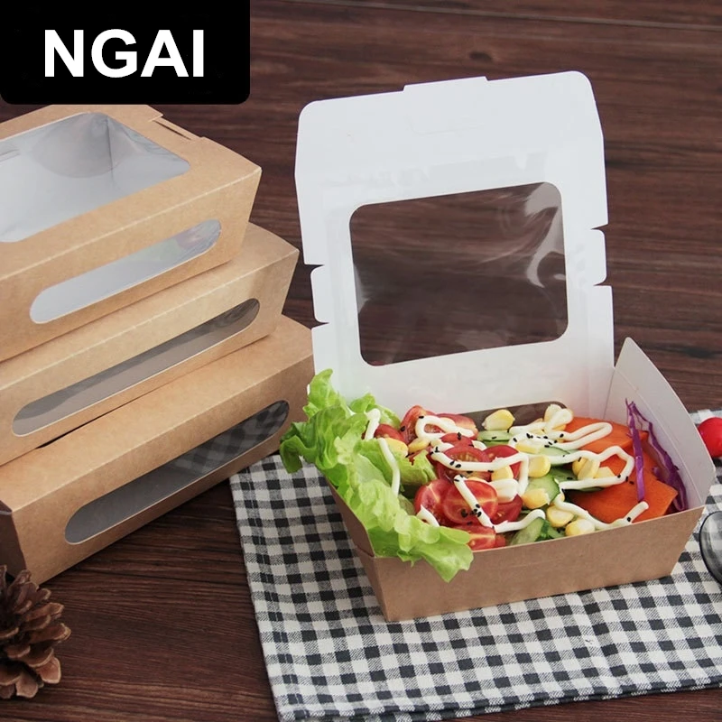 

Food Grade Salad Box Disposable Fruit Box Waterproof And Anti-Oil Kraft Paper Box Packing Tools French Fries Fried Food Trays