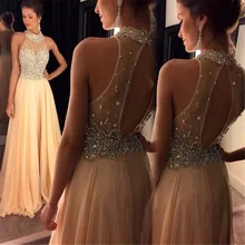 Элегантные посмотрите на дешевое с низким вырезом на спине вечернее платье для девочек, vestidos de fiesta, Кристаллы бисером вручную длинное вечернее Праздничное платье