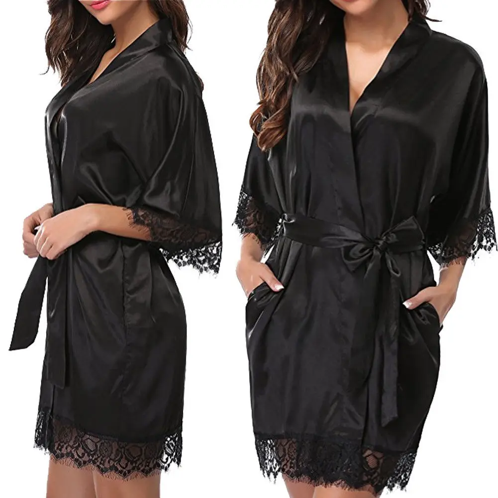

Women Satin Half Sleeve Open Front Lace up Sexy robes Lingerie Set Cross-Border for Ice Silk Pajamas Two-Piece Set XL plus