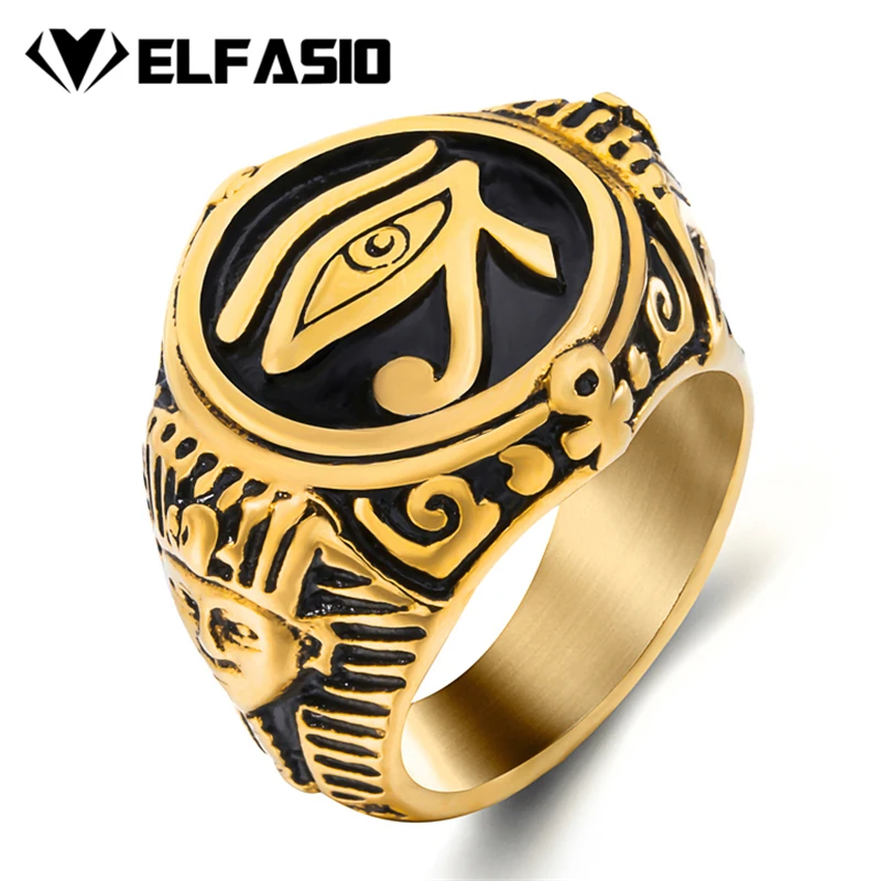 

Mens Gold plated Egyptian Pharaohs Eye of Horus Ra Udjat Stainless Steel Ring Hip-hop Jewelry Size 7-15