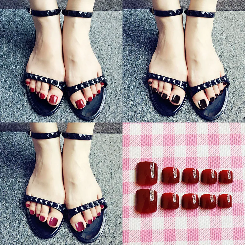 

Simple 24PCS/set Solid color Super bright Summer Toes finished fake nails,full Nail tips patch,lady toe decoration art tool