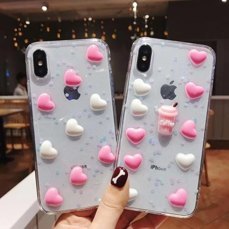 

3D Cute Love Heart Ice Cream Pattern Phone Case For iphone X XS Max XR 6 6s 7 8 Plus Bling Glitter Soft Back Cover Case Coque
