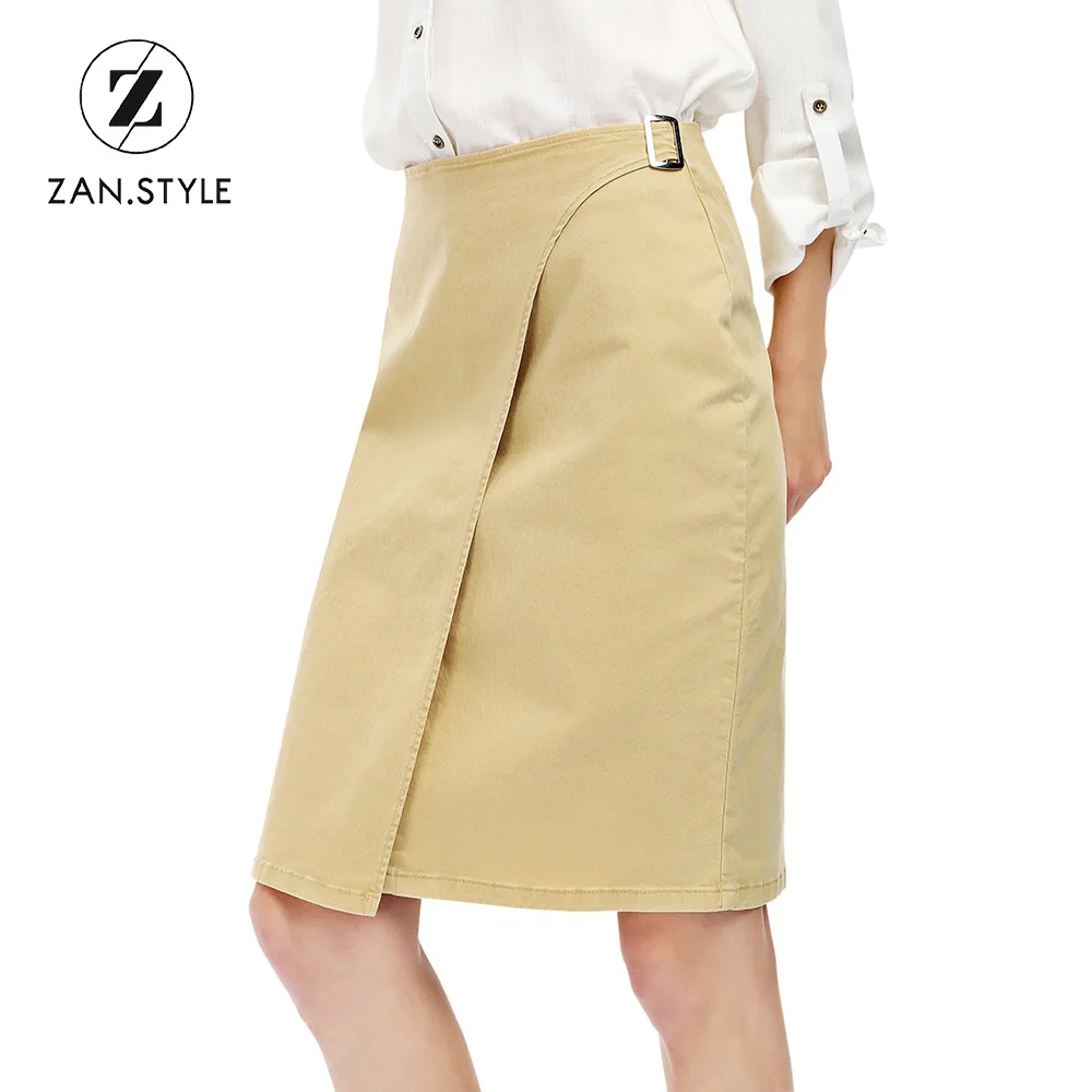 ZAN.STYLE Elegant Women Khaki Long Skirt Autumn High Waist a Line Skirt Office Lady Cotton Knee