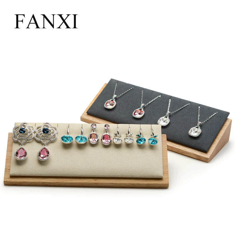 FANXI Solid wood Beige&Dark gray necklace pendant display stand with microfiber Insert for Exhibition Jewelry Earring Holder Jewelry Packaging