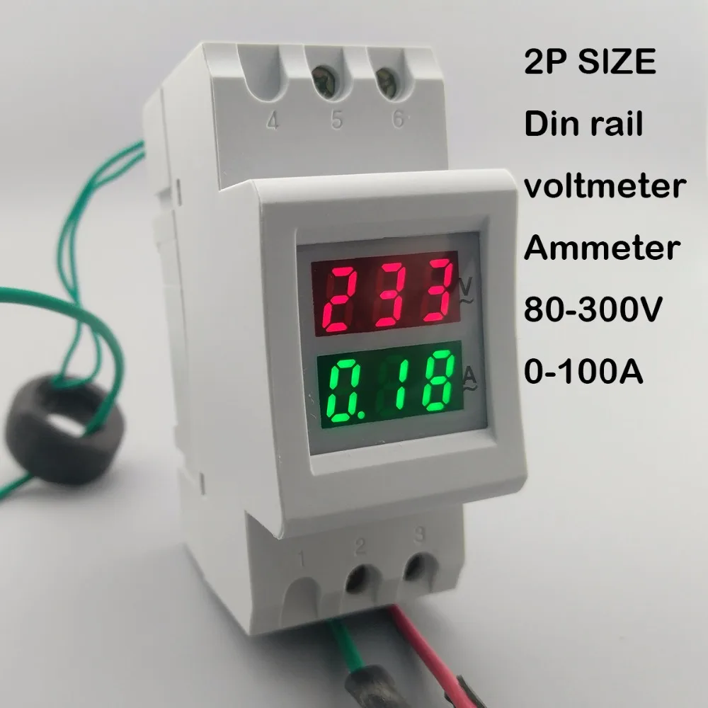 2P 36mm Din rail Dual LED display Voltage and current meter voltmeter