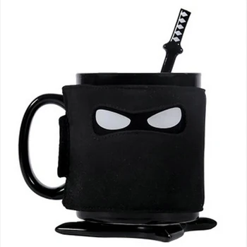 

UK's Thumbs Up Character Ninja Creative Mug with Coaster Milk Coffee Breakfast Ceramic Mug Black Cups With spoon creative gift