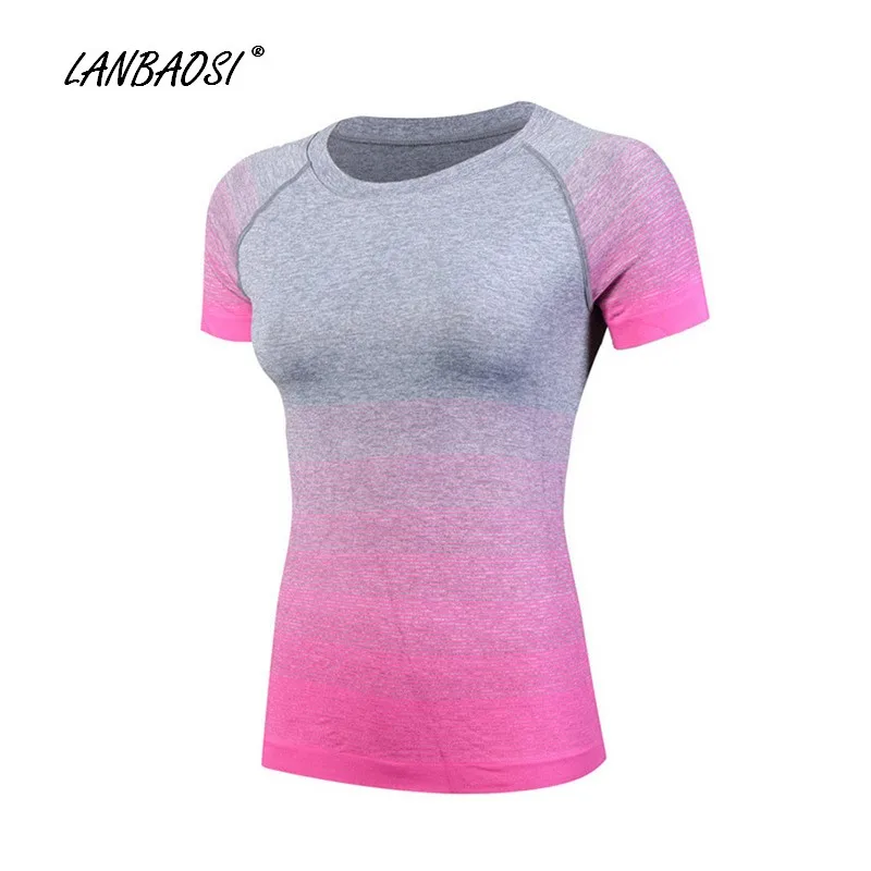 LANBAOSI Quick Dry Беговая футболка для женщин с коротким рукавом градиент цвета Slim Fit беговые тренировки тренажерный зал Спортивная футболка Топы