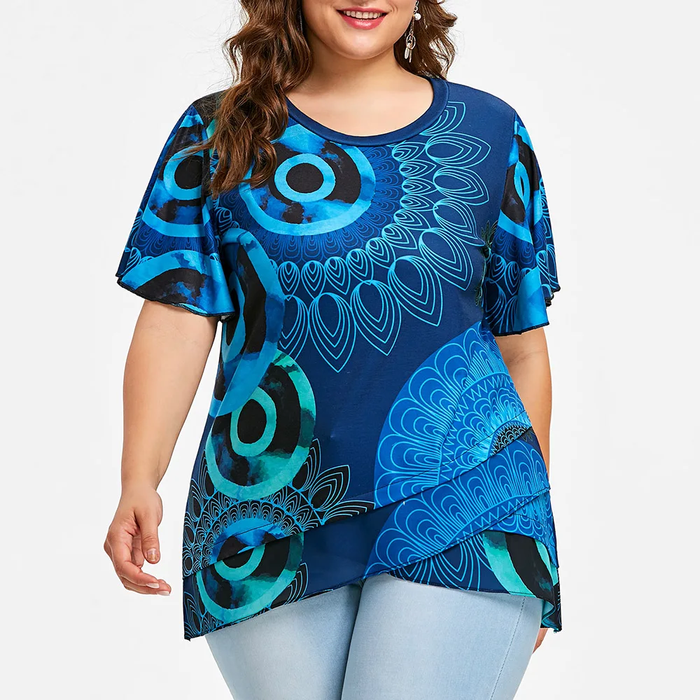 AZULINA Plus Size Print Flutter Sleeve Overlap T-Shirt Women T Shirt 2018 O Neck Short Sleeve Tops Tees Big Size Ladies Clothes