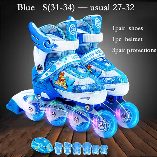 Blue Set --S Роликовые коньки, обувь для катания на роликах для детей, детские шлемы, защита колена, регулируемые мигающие колеса - Цвет: Blue Set --S