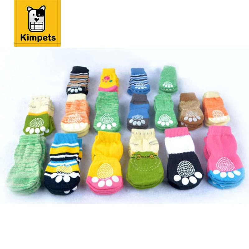 

Kimpets 4pcs Puppy Small Dog Shoes Cute Cartoon Warm Soft Cotton Knits Sock Anti Slip Skid Socks Bottom Promotional High Quality