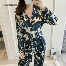 Осень эмуляции шелковые пижамы стес Женская Зима лед шелк с длинным рукавом рубашка два комплекта женские ночные рубашки Пижама для сна Lounge