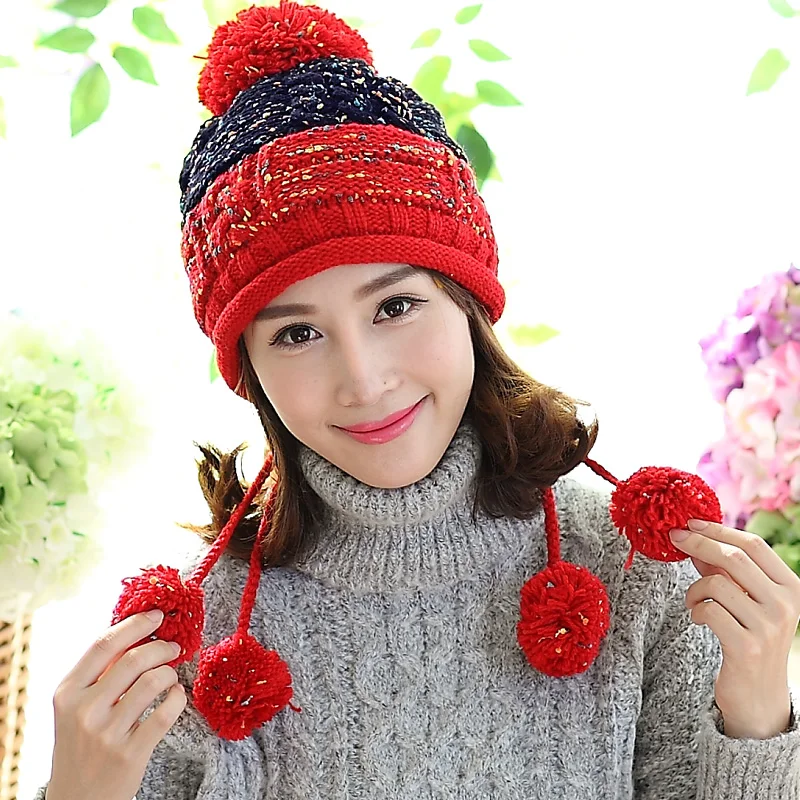 Cute Women Winter Ear Muff Warm Hat 100% Handmade Knitted Beanie Hat Ski Outdoor Cap
