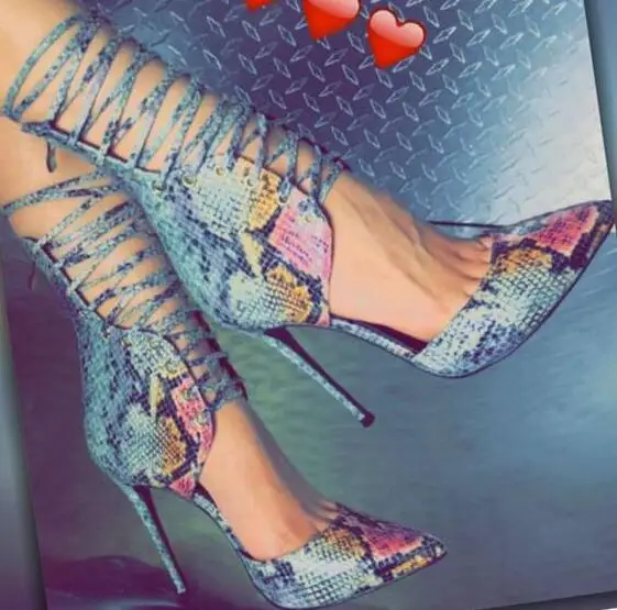 

Dipsloot Women Sexy Multi Color Snakekin Print Stiletto High Heels Sandals Boots Ladies Pointed Toe Lace-up Dress Shoees Woman