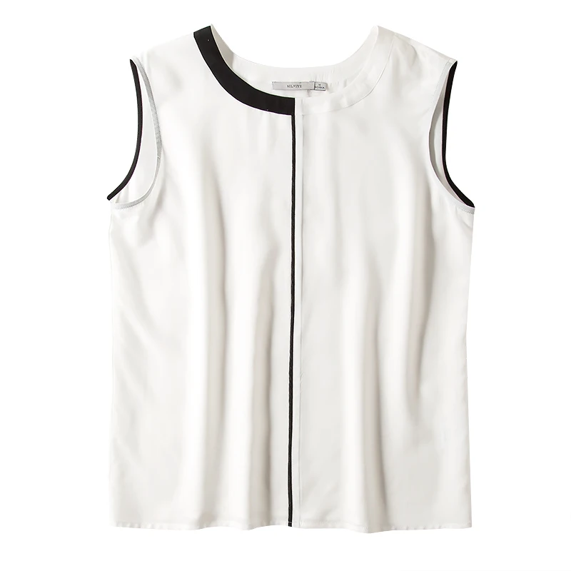 Женская шелковая рубашка из натурального шелка, одноцветная летняя футболка без рукавов, новинка, Белый Топ - Цвет: Белый