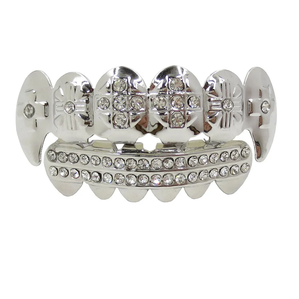 

Men Women Body Jewelry Iced Out Hip Hop Top Bottom Teeth Grillz Gold Silver Color False Teeth Bump Lattice Dental Grills Set