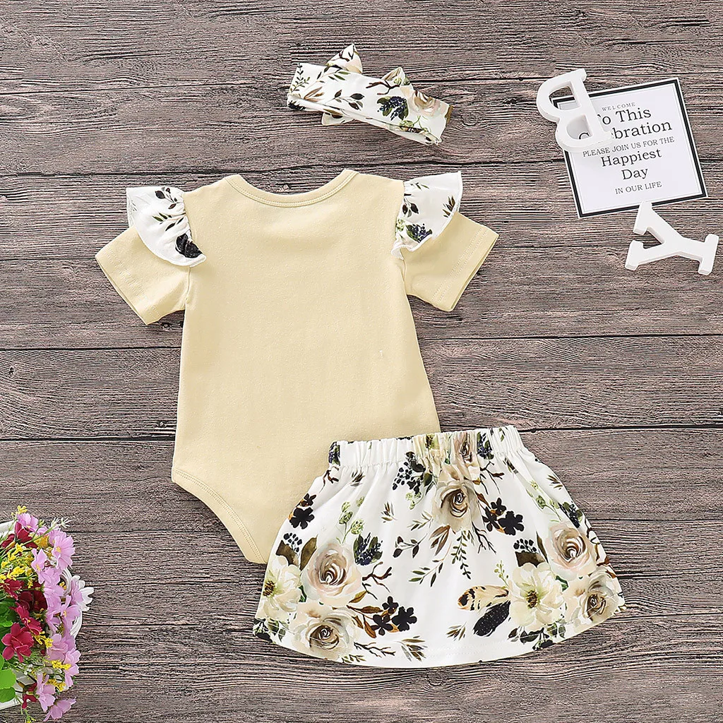 

2019 Baby Cloth Newborn Infant Baby Girl Letter Romper Tops+Skirt Headband New Year Outfits Set Girl Dress Suits Winter Jan9 20*